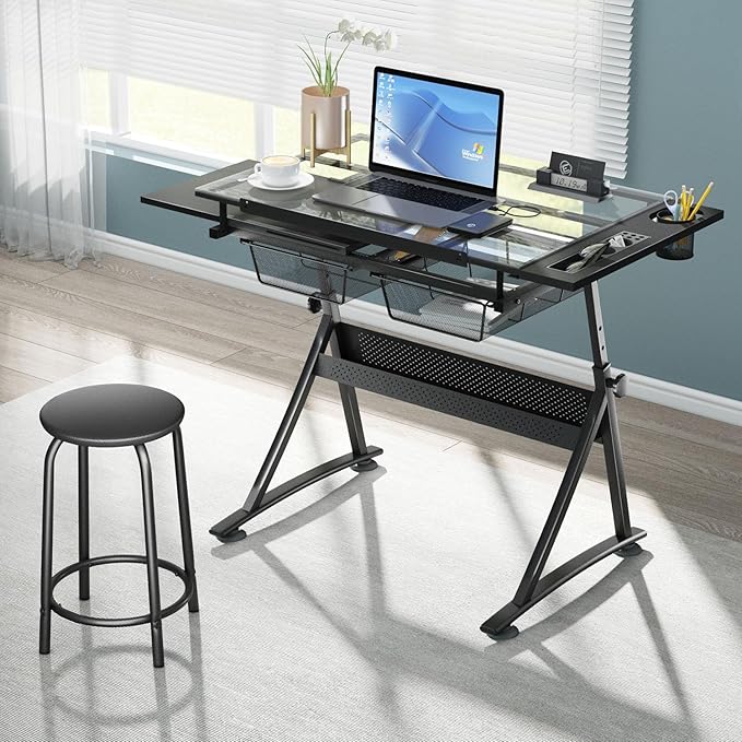 OS MOTOR Adjustable Height Drafting Table with Glass Top, Art Craft Desk with Slide-Out Drawers, Storage, for Drawing, Writing, Painting, and Creative Tasks, Ideal for Home Office
