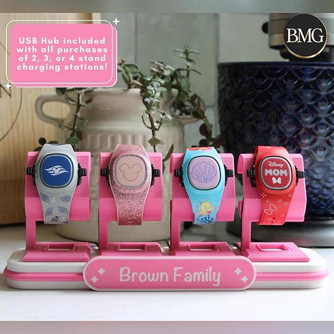 Customizable MagicBand Charging Station Compatible with Disney’s MagicBand+ (White & Pink, 5 Band Holder)
