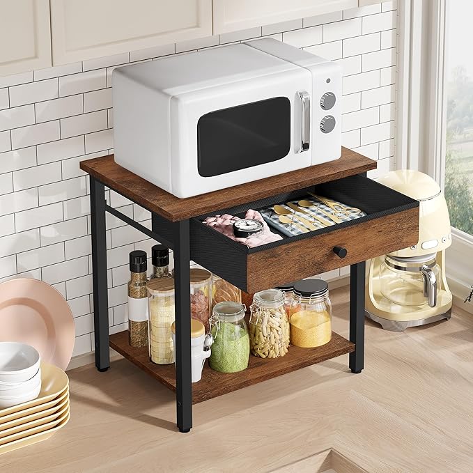 Gewudraw Printer Stand with Storage Drawer, 2-Tier Under Desk Printer Table, Shelf for Home Office, Living Room, Bedroom, Bathroom,Brown