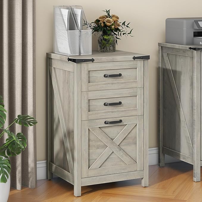 Vabches Vertical File Cabinet with 3 Drawers, Wooden Farmhouse Filing Cabinet for Letter/A4 Size Hanging Files, Under Desk Printer Stand with Storage for Home Office, Grey