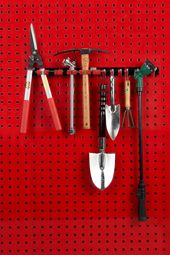 JCK Professional Multi-Purpose Gardening Tool Organizer, Adjustable Red Clips Black Aluminum Rack, Garden Tool Organizer Wall Mount Garage Organizers and Storage with Hooks Tool Hangers for Shed