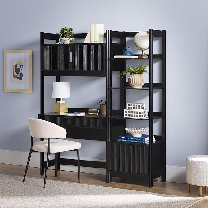 Walker Edison Transitional 2-Piece Hutch Desk with Narrow Bookcase, Reeded Drawer Fronts, Built-in outlets and USB Ports, Set of 2, Black
