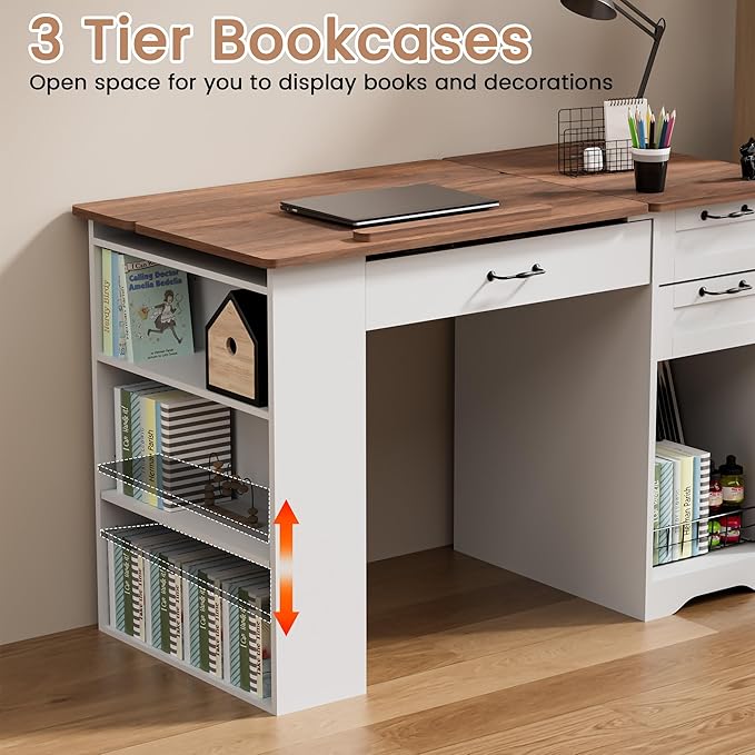 Crafting Table with Storage Cabinet & Drawers, Adjustable Drafting Table with Open Shelves, Drawing Computer Desk, Painting Desk, Workstation for Home Office Reading, Writing, Craftin