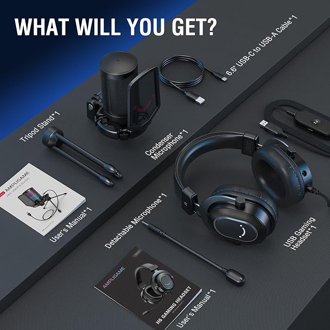 FIFINE Gaming USB Microphone with Headset Bundle for PS5, PC Condenser Mic with Quick Mute, RGB, Gain Control for Streaming, Wired Headphones with Microphone Set with EQ Mode, Soft Ear Pads (A6V+H6)