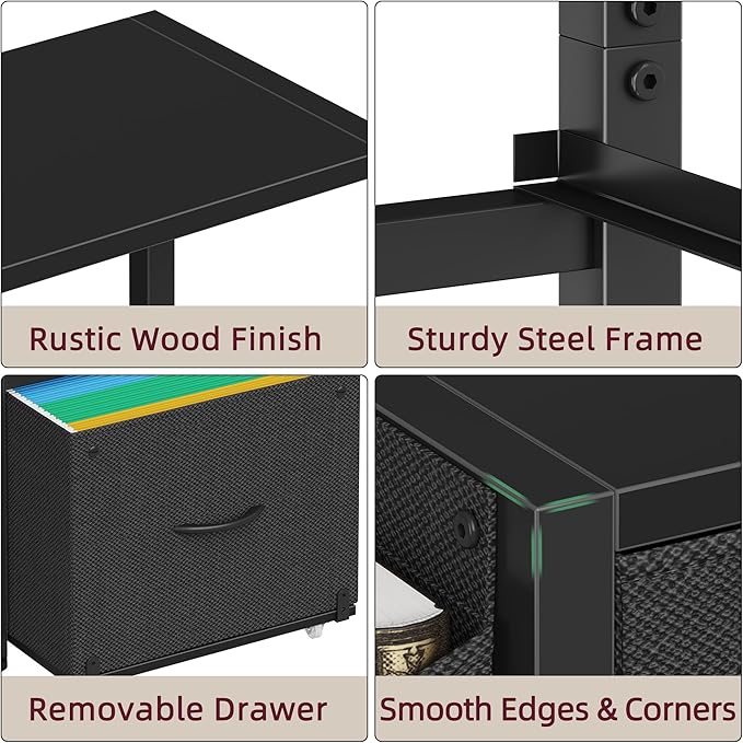HIGDBFE 2-Drawer File Cabinet, Filing Cabinet with 2-Tier Printer Shelves, Office Cabinets with Side Bag&File Drawer for A4/Letter Size, Printer Stand with Storage for Home Office, Black, 16.5" W