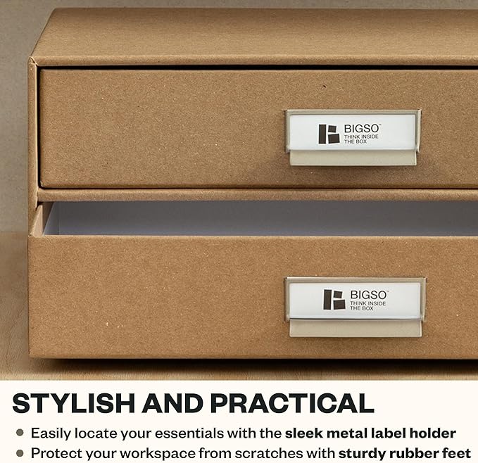 Bigso Birger 2-Drawer Fiberboard Document Letter Box - Paper Storage Drawers for A4 and Letter Sized Documents - Desktop Drawers with Label Holder - W 13.1 x D 10 x H 5.7 (inches) - Kraft