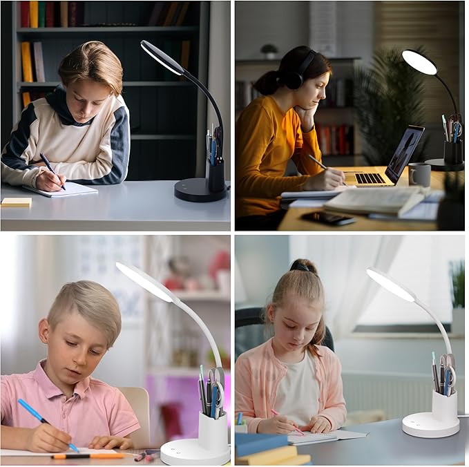 Desk Lamp, LED Desk Lamps for Home Office, Touch Table Lamp with 3 Color Modes 360° Adjustable Arm, Dimmable Desk Light with Pen Phone Holder for College Dorm, White