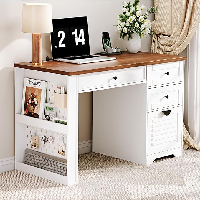 Ieejdn 47" Home Office Desks, Executive Desk, Farmhouse Computer Desk with Drawers and Charging Station, File Drawer, Storage Cabinet, Rustic Computer Writing Desk,Antique White