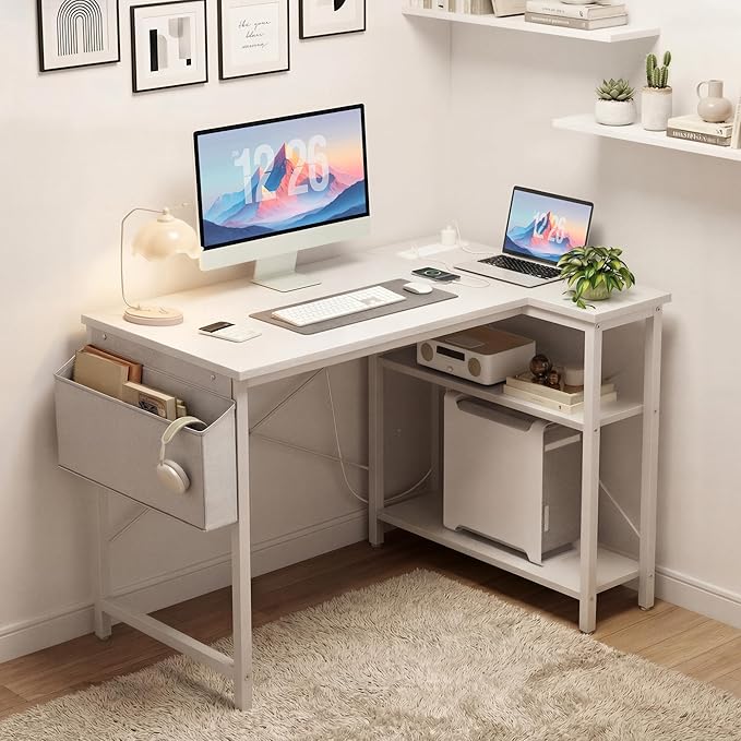 TIQLAB Small Computer Desk with Power Outlets, 40 Inch L Shaped Desk with Reversible Shelves, Gaming Desk Corner Desk Study Writing Desk for Home Office Bedroom Small Space, White