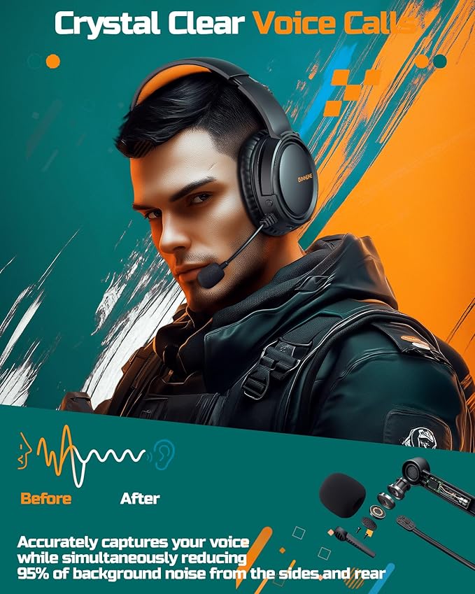 BINNUNE Wireless Gaming Headset — 2.4GHz Low-Latency USB Dongle + Bluetooth, 50mm Drivers 7.1 Surround, Noise-Cancelling Mic, 40H Battery — Over Ear Wireless Headphones for PS5, PC, Laptop, Orange