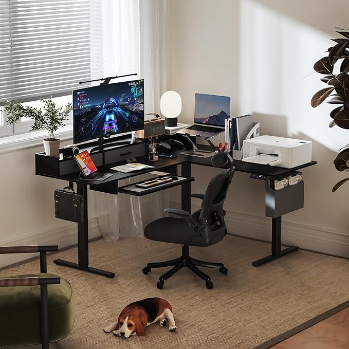 WALKINGDESK 63 Inches Height Adjustable L Shaped Standing Desk with 2 Drawers and Keyboard Tray, Electric Sit to Stand Home Office Comupter Table, Ergonomic Corner Gaming Desk, Black