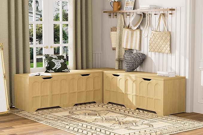 3-Piece L-Shaped Multifunctional Storage Bench with Padded Shoe Bench, Serves as a Kitchen Corner Stool, Toy Storage Box, or Reading Nook seat, Natural Color, 63" D x 63" W x 19.1" H