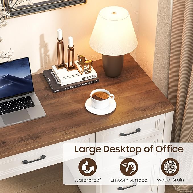 Vabches Farmhouse Executive Desk, Wood Home Office Desk with 2 Large File Drawers and 5 Storage Cabinets, Rustic Writing Desk for Work and Study, Brown