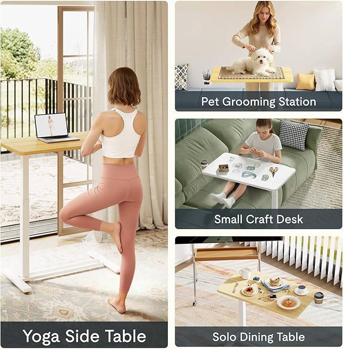 FLEXISPOT H7 Adjustable Overbed Bedside Table with Wheels Pneumatic Mobile Standing Desk Laptop Desk Rolling Computer Cart Movable Overbed Table Hospital Home Use(31.5" W x 17.7" D, White Wood Grain)