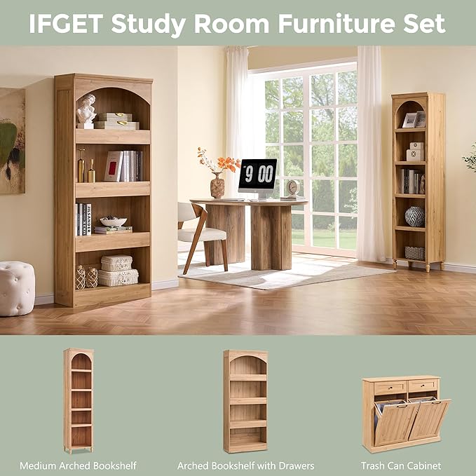 IFGET 76" Tall Arched Bookcase with 1PC Magnetic Lock Drawer, Modern Wooden Arch Bookshelf w/3 Pull-Out Drawers, Farmhouse 4 Tiers Book Shelf w/Open Shelves for Living Room, Office (Natural)