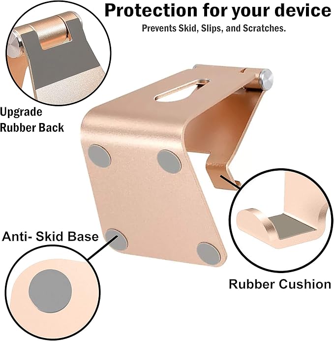 Phone & Tablet Stand Adjustable Multi‑Angle Aluminum Phone & Tablet Stand Non‑Slip Dock/Cradle/Charging Station for Desktop, Bed, Kitchen, Office (Gold)