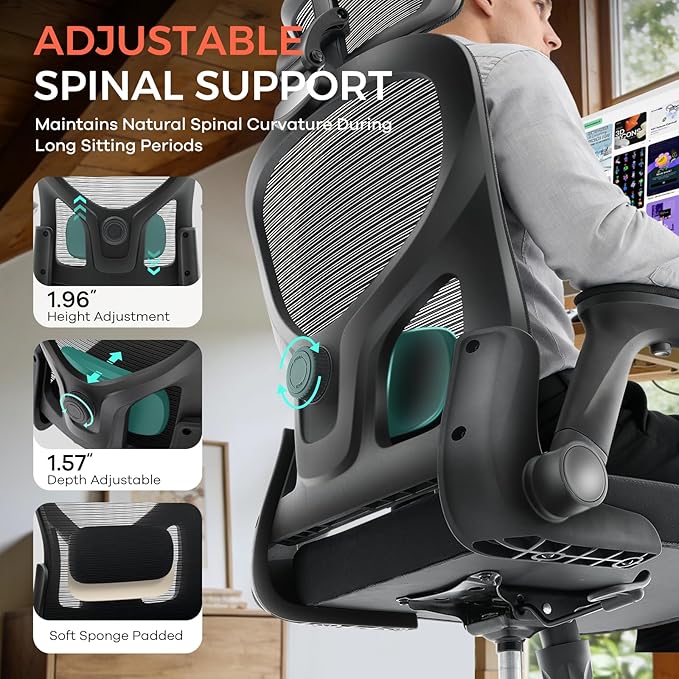 Office Chair,Ergonomic Office Desk Chair with 2D Adjustable Lumbar Support,3D Headrest,2D Arms,330LBS High Back Mesh Computer Home Office Chairs Rolling Tilting Swivel Executive Chairs Black