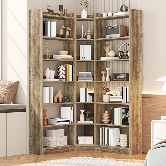 Semoic 70.8" Tall Corner Bookshelf, 7 Tiers Large Etagere Bookcases with Baffles, L-Shaped Modern Storage Display Rack Industrial Bookshelves for Bedroom, Home Office, Living Room & Kitchen, Brown