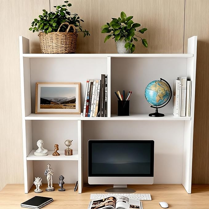 Desk Hutch Dorm Desktop Bookshelf, Wooden Desk Storage Hutch with 6 Shelves for Computer Desk, 4-Tier Desktop Display Organizer Rack for Office Home