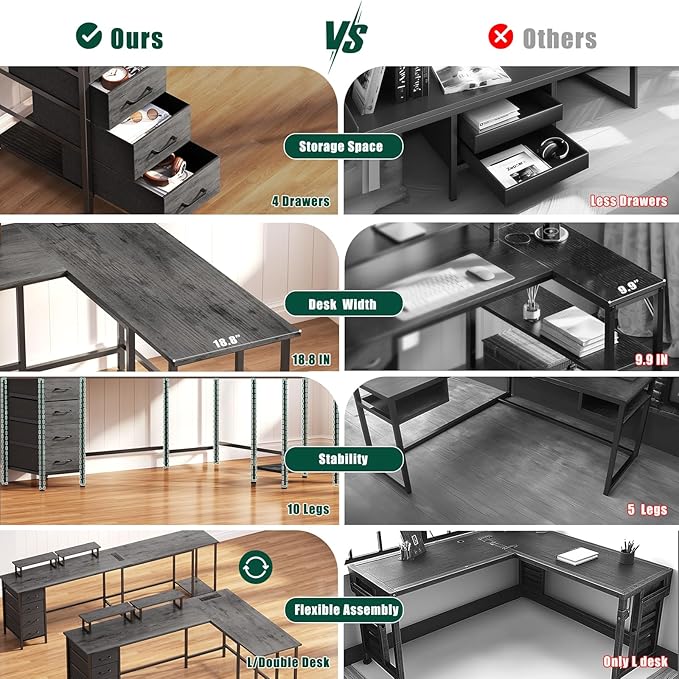Korfile 66" L Shaped Computer Desk, 94.4'' Home Office Desk with Power Outlets, 4 Adjustable Storage Drawers & 2 Monitor Stands, Large Two Person Gaming Table for Writing Study, Grey