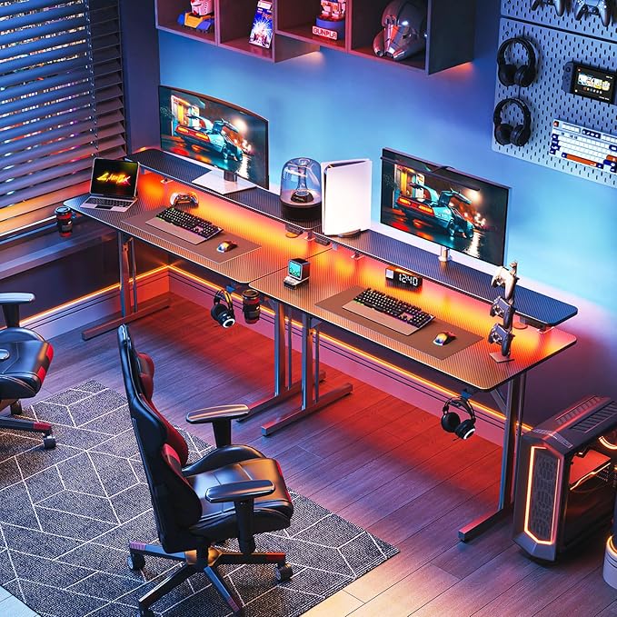 MOTPK 39 Inch Small Gaming Desk with LED Lights, Computer Desk Gaming Table with Monitor Shelf, Gamer Desk with Carbon Fiber Texture, Kids Boys Desk Gift for Men