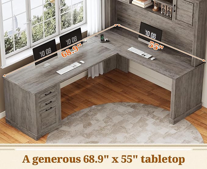 SEDETA Farmhouse L Shaped Desk with Hutch and 3 Drawers, 68.9" Executive Office Desk with File Drawer and Power Outlet, Corner Computer Desk with Storage Shelves for Home Office (Grey)