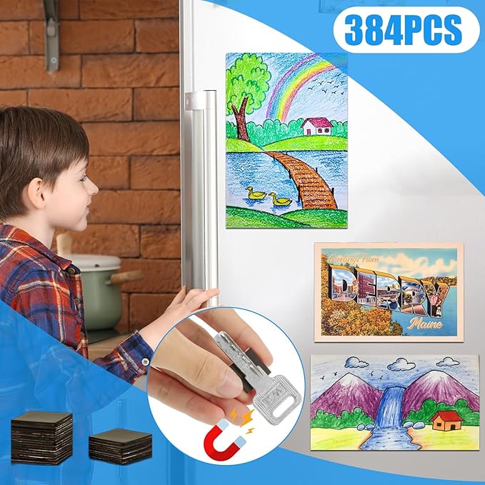 Magnetic Squares Pieces with Adhesive Backing(Each 3/4" x 3/4"),Self Sticky Magnets for Classroom Activities,Peel and Stick for Cards/Picture/Poster (40mil Magnet 384PCS)