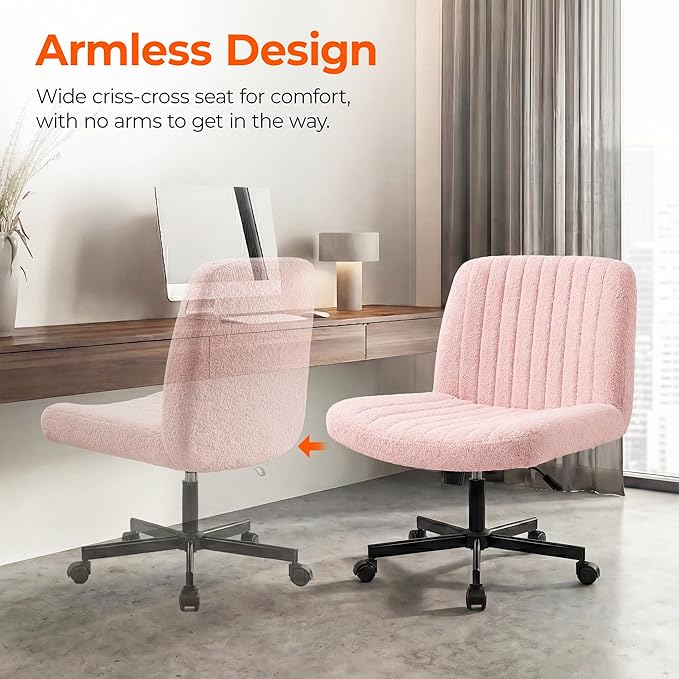 Orange Factory Criss Cross Chair Wheels Vanity Chair Office Desk Comfy Wide Cross Legged Armless Teddy Fabric Adjustable Swivel for Home Computer Task (Pink, Teddy Fleece)
