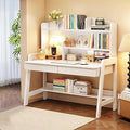 Kids Desk Rubber Wood Kids Table Children’s Study Desk with Bookshelf and Two Drawers Children Study Computer Writing Workstation for 3 and Above (White