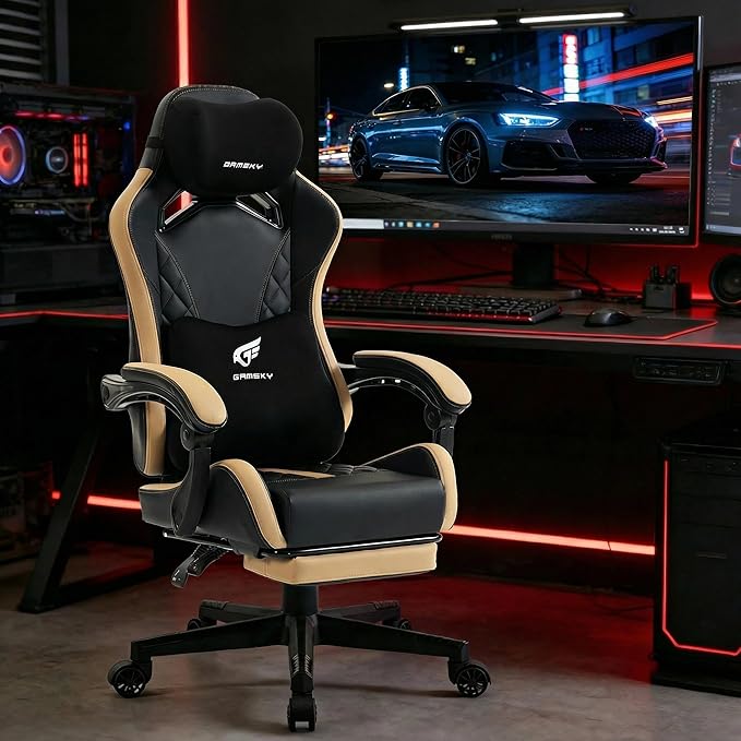 Ergonomic Gaming Chair for Adults with Footrest - PU Leather Computer Gamer Chair with Memory Foam Headrest & Lumbar Pillow, Reclining Silla Gamer Video Game Chair for Home Office, Black & Yellow