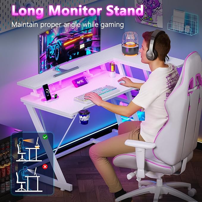 Korfile 40 Inch Gaming Desk with Power Outlet & LED Lights, L Shaped Computer Gaming Table with 3 Tiers Storage Shelves, Corner Gamer Desk with Monitor Stand for Small Space, Carbon Fiber White