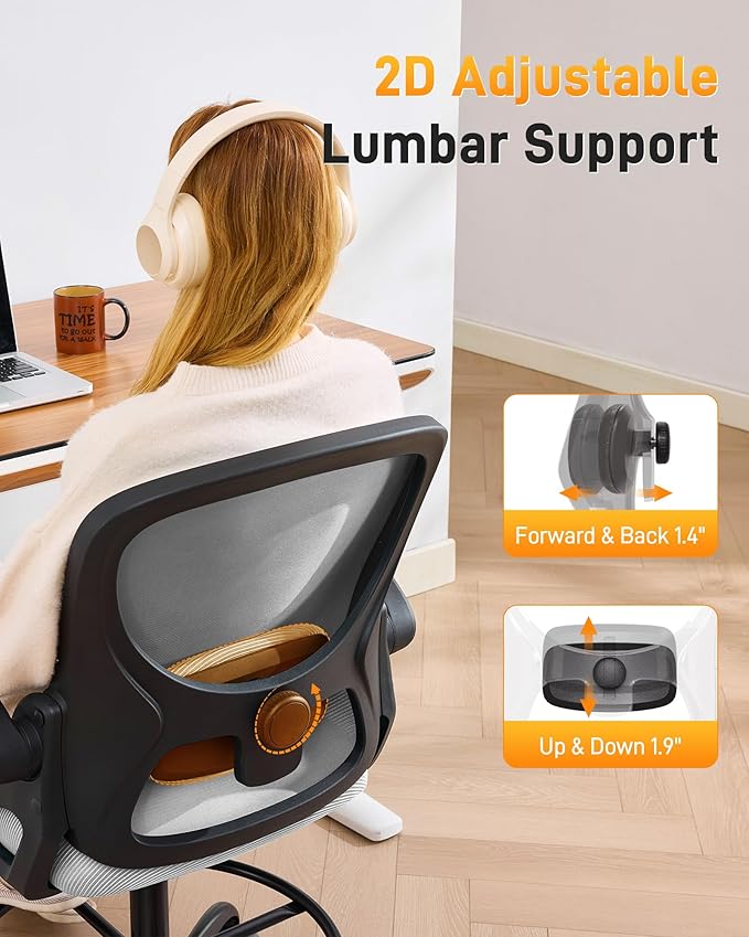 LukkDys Drafting Chair with 4D Multi-Adjustable Backrest, Tall Office Chair 19.7"-27.6" Seat Height, Ergonomic Standing Desk Chair with Flip-up Arms, Foot Ring, Grey&Black