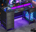 Korfile 47 Inch Computer Gaming Desk with Power Outlets & LED Lights Reversible Home Office Desk with Adjustable 5 Fabric Storage Drawers for Working Writing Study, Carbon Fiber Black