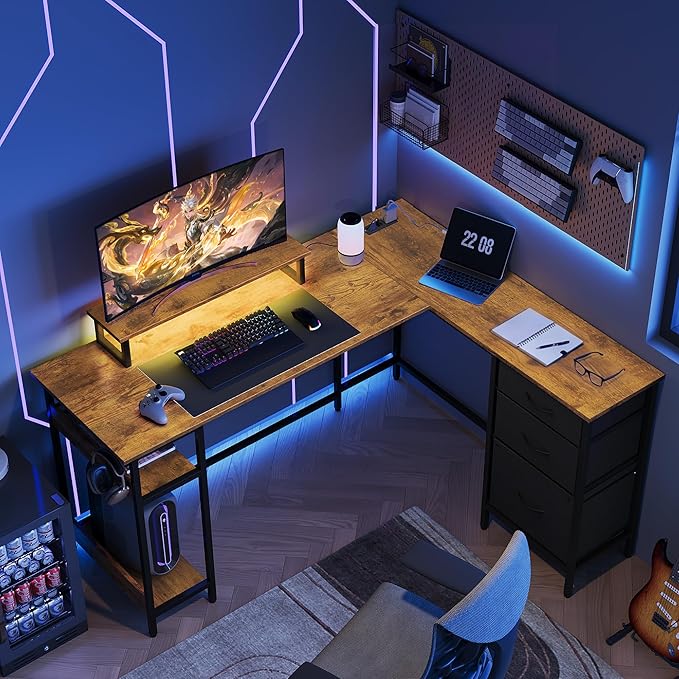 DEVAISE L Shaped Desk with Drawers and Storage, L Shaped Office Desk with Power Outlets, CPU Stand, Monitor Stand, Gaming Table with LED, Corner Desk for Home Office (Rustic Brown, 55 * 46 Inch)