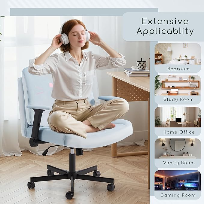 HOMREST Criss Cross Chair with Arms and Castors, Plus Size Cross Legged Office Chair with Extra Wide Seat&Flexible Back Cushion, Cute Comfy Desk Chairs for Home Office, Vanity, Gaming,Reading(Blue)