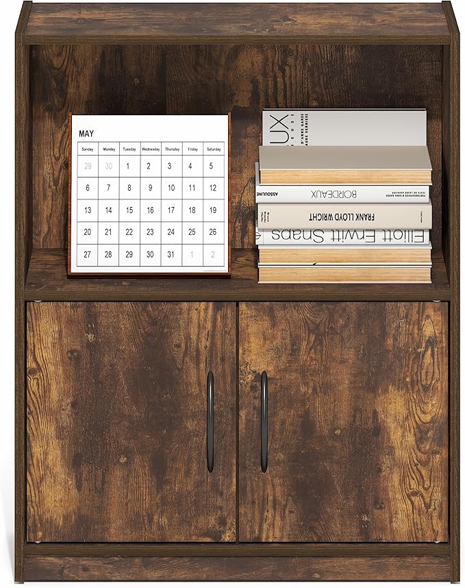 Furinno Gruen Book Shelf, 2-Tier Small Bookshelf, Bookcase with Open Shelf and Doors Storage Cabinet, 9.3 x 21.8 x 27, for Organization and Storage, for Living Room, Bedroom, Home Office, Amber Pine