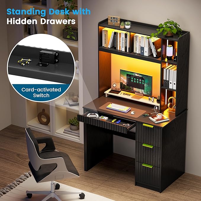 WOOVIVS Home Office Desk with Hutch & LED Lights - 39" Computer Desk with Charging Station, 3 Large Drawers, Hidden Compartment & Fluted Panel Design,Black Writing Desk for Bedroom, Study