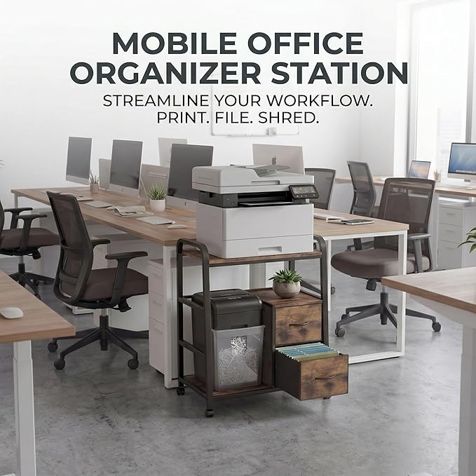 Printer Stand Featuring Fabric Drawers, Under Desk Host Computer Cabinet and Shredder Shelf, Heavy Duty Printer Stand with Storage Workstation Organization Printer Table for Home Office