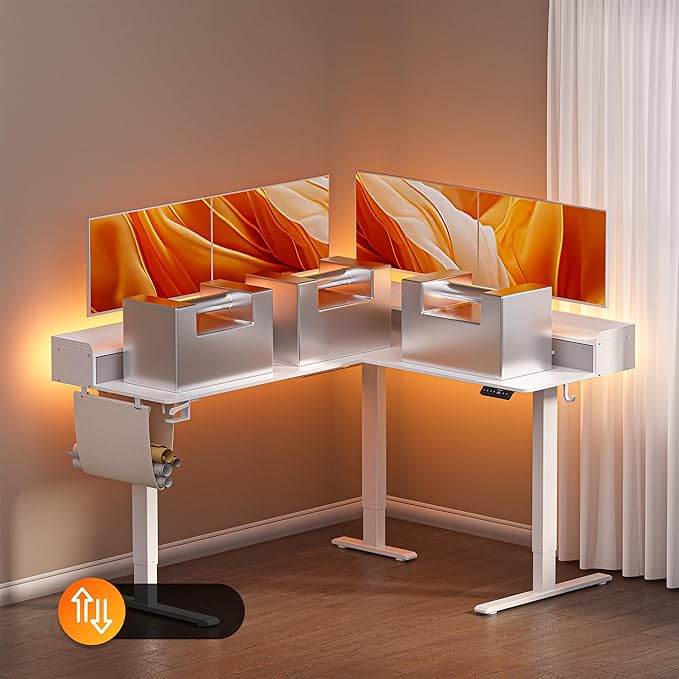 WALKINGDESK 63 Inches Height Adjustable L Shaped Standing Desk with 3 Drawers and Monitor Shelf, Electric Sit to Stand Home Office Comupter Table, Ergonomic Corner Gaming Desk, White