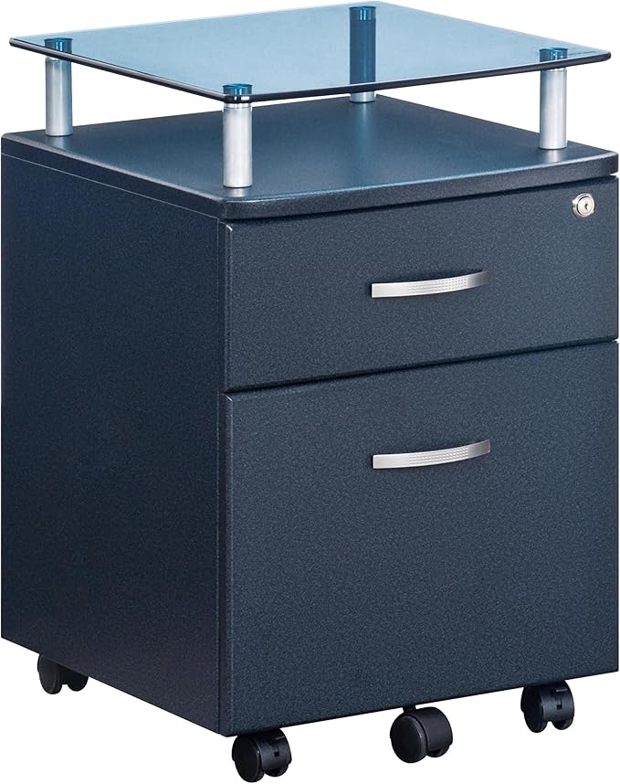 2-Drawer Rolling File Cabinet with Lock and Glass Top, Under Desk File Cabinet with Wheels, Printer Stand, Graphite Black