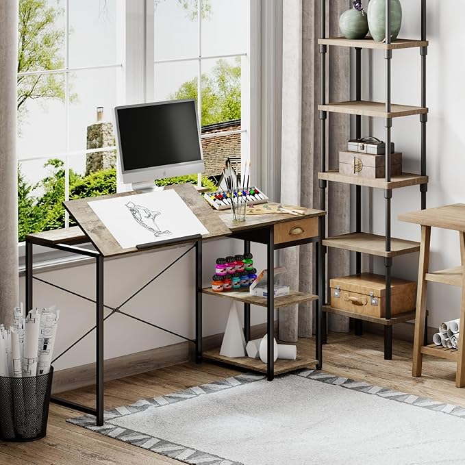 X-cosrack Drafting Table with Storage Shelves & Drawer, 43" Adjustable Art Desk with Monitor Stand for Home Office Computer, Tiltable Draft Drawing Table for Artist, Study, Writing Workstation