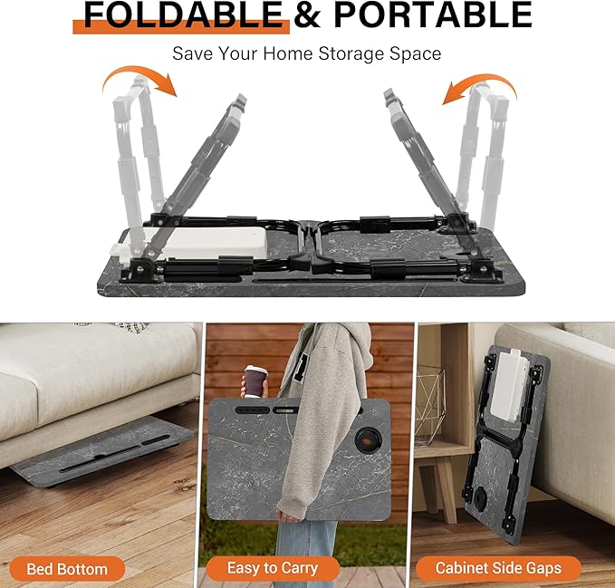 Laptop Desk for Bed Height Adjustable, Lap Bed Table with USB/Storage Drawer/Cup Holder/Tablet Stand/Book Shelf, Foldable Breakfast Tray Portable for Reading Writing, Sofa & Floor, Deep Stone Texture