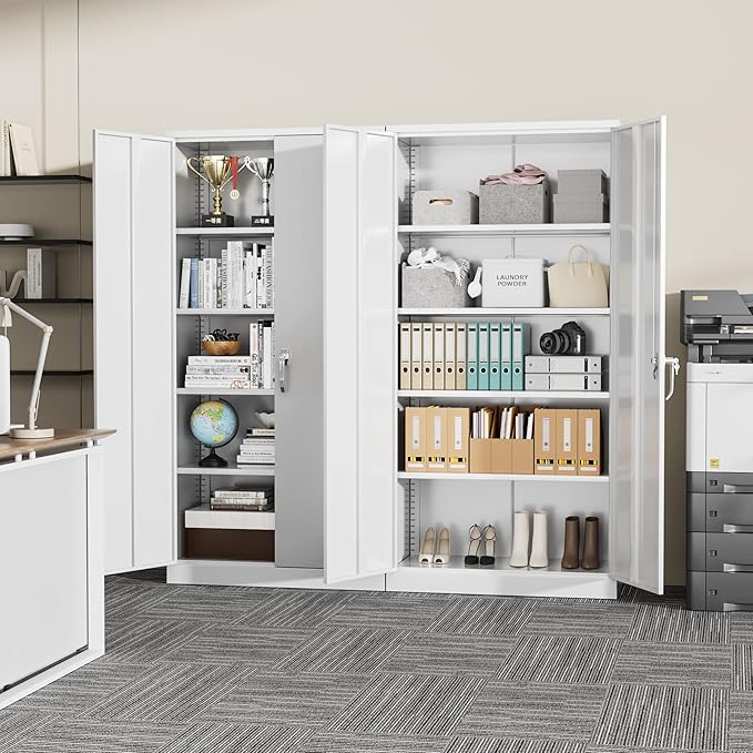 SUNCROWN 72" Metal Storage Cabinet - Heavy-Duty Metal Garage Cabinet with 4 Adjustable Shelves & 2 Doors for Tools, Office, Home, Workshop,White