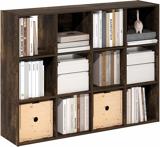 Furinno PELLI Book Shelf, 12-Cube Bookshelf, Cube Storage Organizer Bookcase, 11.7 x 47.6 x 36, for Living Room, Bedroom, Home Office, Amber Pine