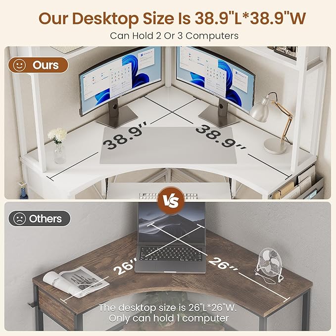 SEDETA Corner Desk, Small Computer Desk with Hutch & LED Lights, Triangle Corner Computer Desk with Keyboard Tray, Storage Bag, and Headphone Hook for Small Space, Home Office Desk, White