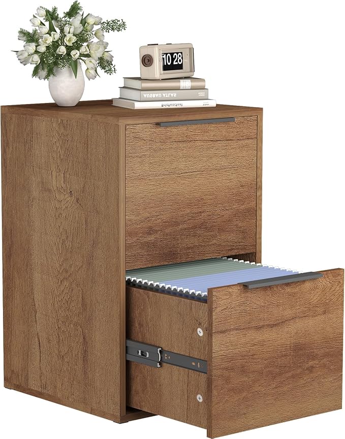 Wooden 2 Drawer File Cabinet, Wood Vertical Filing Cabinet Fits Hanging Files Letter Size for Home Office, Brown