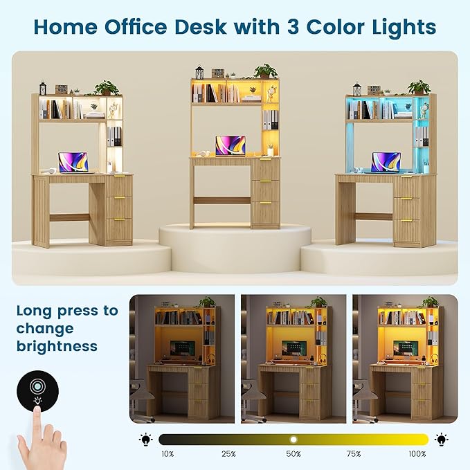 WOOVIVS Home Office Desk with Hutch & LED Lights - 39" Computer Desk with Charging Station, 3 Large Drawers, Hidden Compartment & Fluted Panel Design,Natural Writing Desk for Bedroom, Study