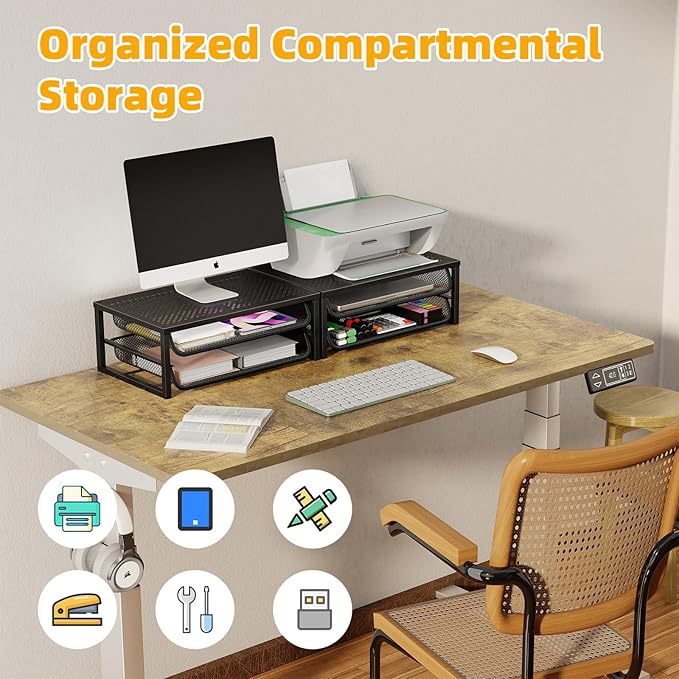 Ekisemio 2 Pack Desk Organizer and Accessories, 2-Tier Metal Computer Monitor Stand Riser with Drawer, Desk Accessories & Workspace Organizers for Home Office Supplies, Black