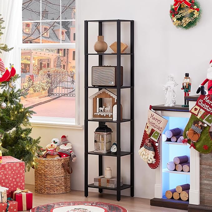 YUFAM 66in Tall Bookshelf 6-Tier Small Narrow Bookcase, Skinny Book Shelf for Small Space, Farmhouse Slim Shelf with Storage, Wood Freestanding Display Thin Bookshelves for Living Room, Office, Black