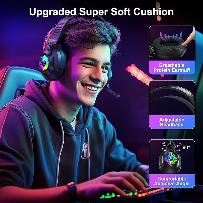 Vakedy HW10 Wireless Gaming Headset for PS5, PS4, PC, Switch, Mac, 2.4GHz Wireless Gaming Headphone with Flip Noise Canceling Mic, 50H Battery, 50mm Drivers, RGB Lights (Cool Black)